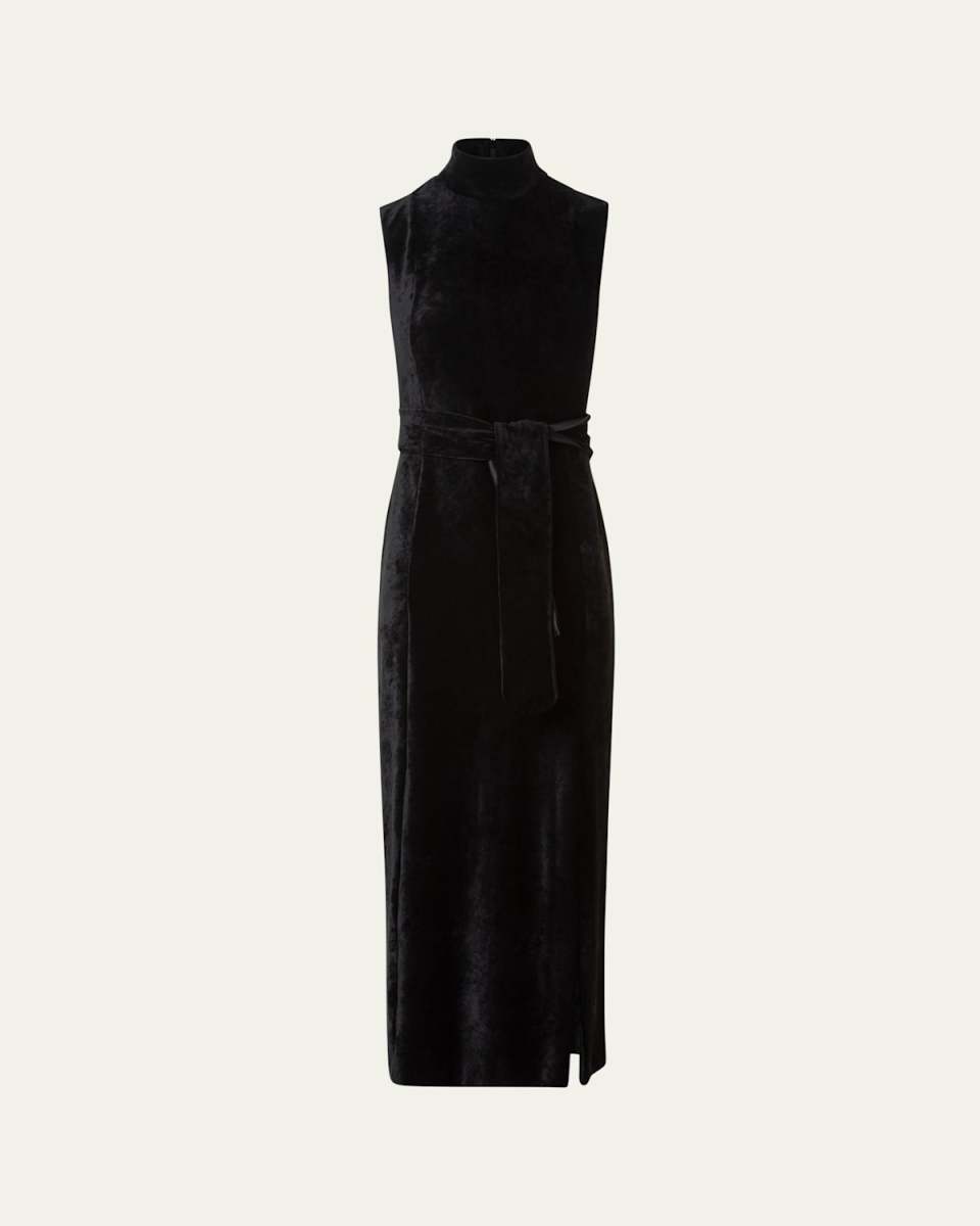 Mock-Neck Belted Velvet Jersey Midi Dress